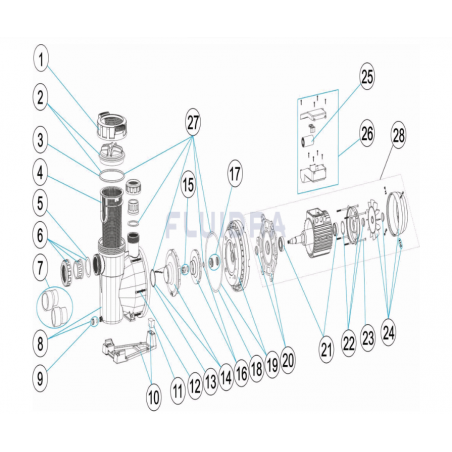 Schéma éclaté de la pompe de filtration Victoria Plus Silent. Le n°16 représente la turbine 1 CV mono 50 Hz.