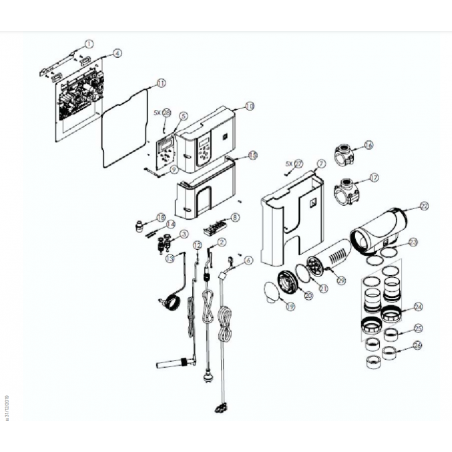 Schéma éclaté de l'electrolyseur Exo IQ. Le n°12 représente le détecteur de débit avec connecteur.