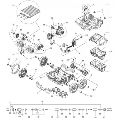 Schéma éclaté du robot Polaris. Le n°14 représente le moteur assemblé sans bague.