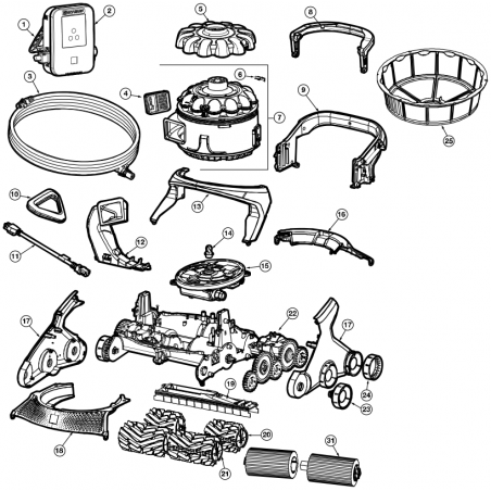 Schéma éclaté du robot électrique AquaVac 600/650. Le n°6 représente le bouton twist lock.