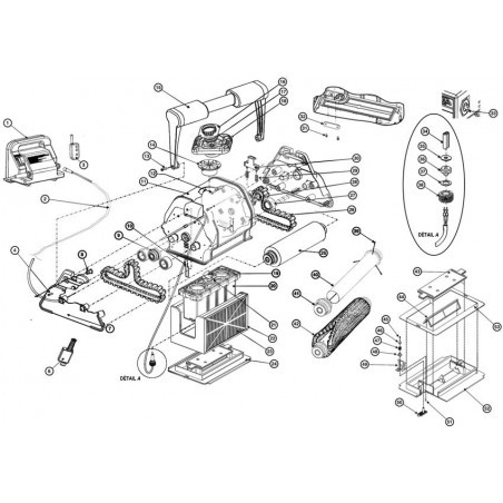 Schéma éclaté du robot Tiger Shark. Le n°43 représente le cache couvercle inférieur.