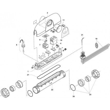 Schéma éclaté du réchauffeur Red Line. Le n°99 représente Thermostat de régulation ø10 mm.