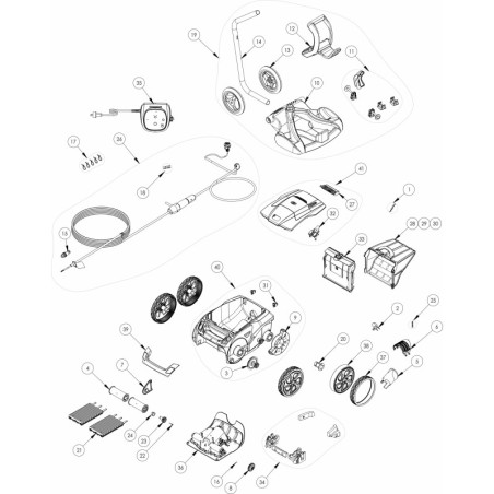 Schéma éclaté du robot électrique Zodiac. Le n°15 représente le Connect Cyl 4 parti mâle.