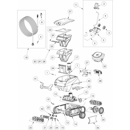 Schéma éclaté du robot électrique Voyager RE 4400. Le n°15 sur le schéma représente le bloc moteur.