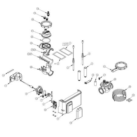 Schéma éclaté du pH Link Dual Link. Le n°30 représente le tube d'injection pH minus.