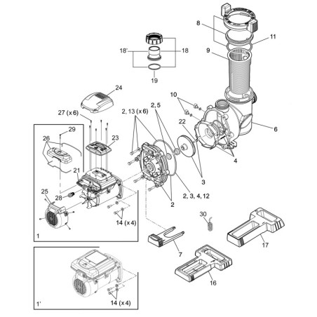 Schéma éclaté de la pompe de filtration FloPro VS. Le n°1 représente le kit moteur FloPro VS..