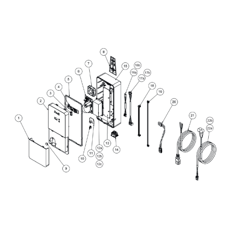 Schéma éclaté de l'electrolyse de chez Pool Technologie. Le n°21a représente la câble d'alimentation 65W et 120W 24VDC.