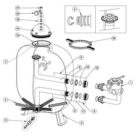 Schéma éclaté du filtre à sable Triton. Le n°9 représente le diffuseur supérieur avec coude.