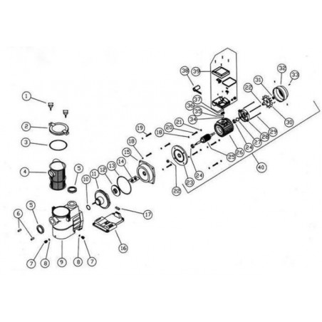 Schéma éclaté de la pompe de filtration Europa. Le n°12 représente la turbine 0.75CV.