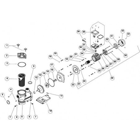 Schéma éclaté de la pompe de filtration Europa. Le n°17 sur le schéma représente la bride de support de moteur 1.5 à 3cv.