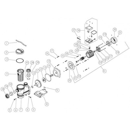 Schéma éclaté de la pompe de filtration Europa. Le n°1 représente la clé de couvercle de préfiltre.